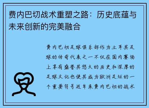 费内巴切战术重塑之路：历史底蕴与未来创新的完美融合